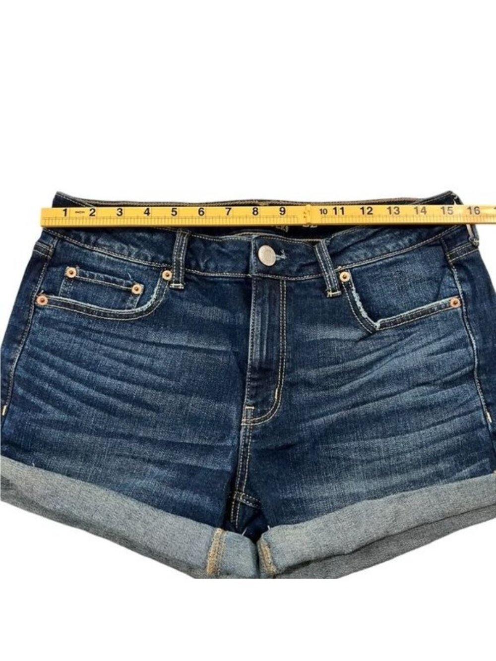 American Eagle Tomgirl Midi Size 8 Stretch Dark Medium Rinse Denim Shorts Cuffed - Picture 4 of 13